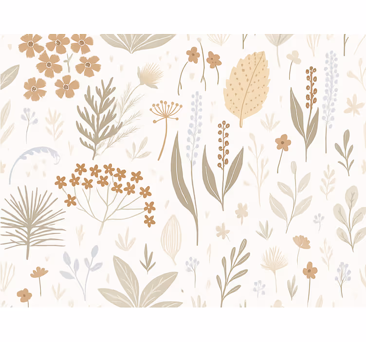 Papel tapiz hojas flores silvestres en tonos tierra - TenVinilo