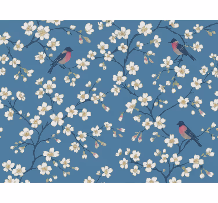 Papel tapiz flores aves del huerto azul - TenVinilo