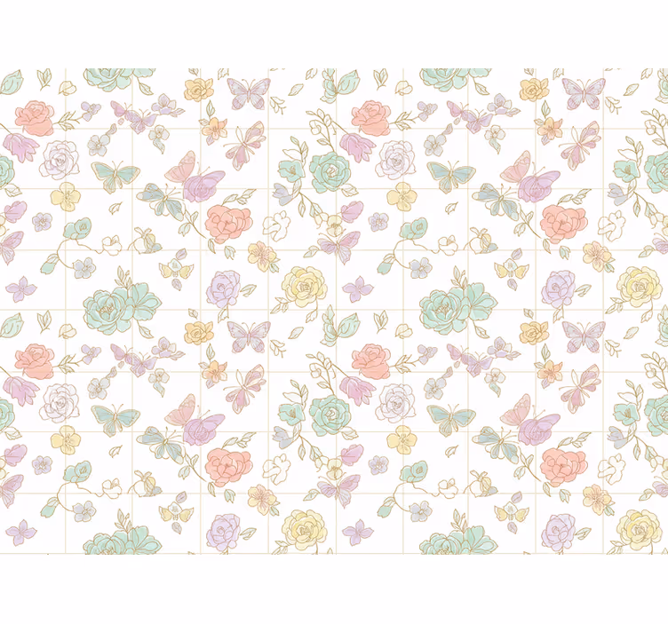 Papel tapiz flores mariposas en suaves colores - TenVinilo
