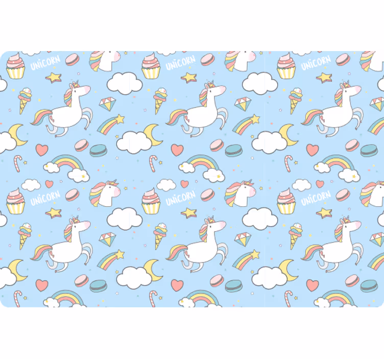 Papel tapiz azul unicornios y arcoíris coloridos - TenVinilo