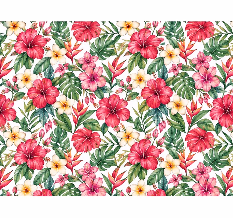Papel tapiz hojas composición de flores exóticas - TenVinilo