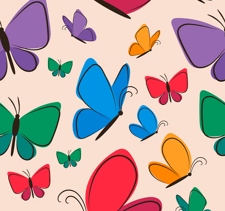 Papel tapiz mariposas motivo colorido sobre fondo beige. - TenVinilo