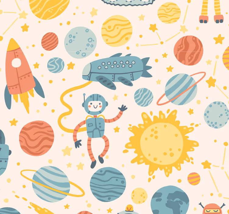 Papel tapiz infantil escena de aventura espacial - TenVinilo