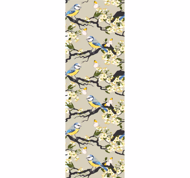 Papel pintado flores Pájaros y mariposas en los árboles. - TenVinilo