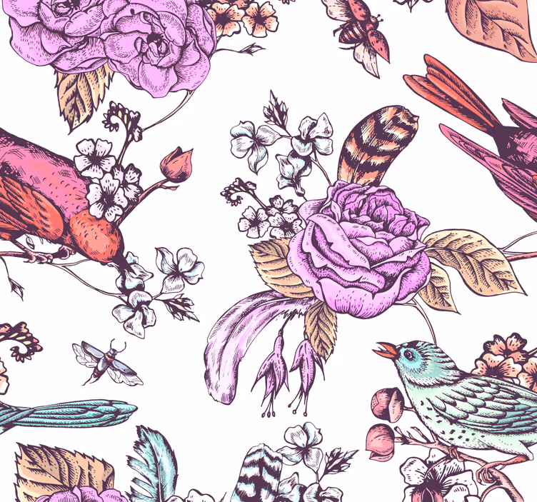 Papel tapiz floral diseño floral de pájaros - TenVinilo