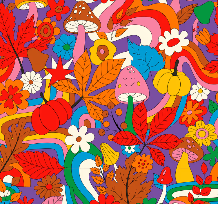 papel pintado de flores patrón psicodélico retro colorido - TenVinilo