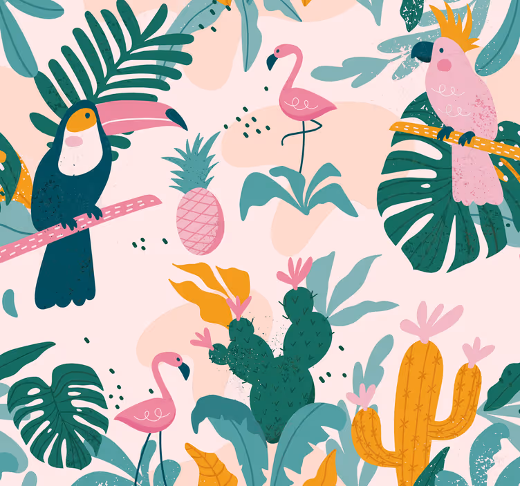 Papel pintado pájaros Pájaros verdes y hojas sobre fondo rosa - TenVinilo