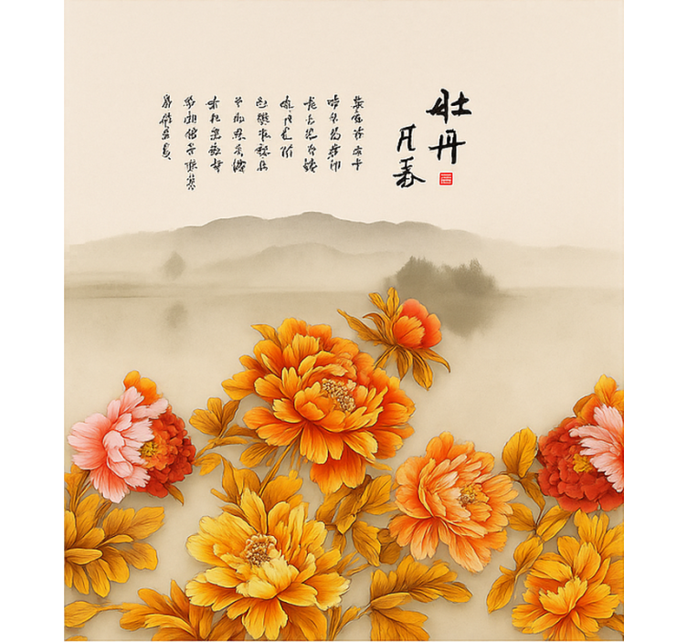 Cortina roller living comedor arte paisajístico de peonías - TenVinilo