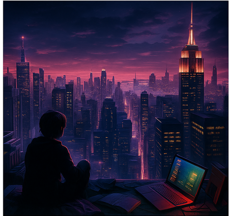 Cortina roller geek vista de jugador de rascacielos futurista - TenVinilo