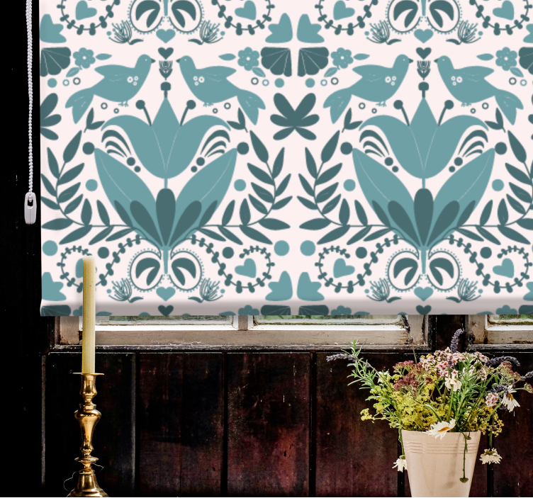 Cortina roller flores patrón con pájaros - TenVinilo