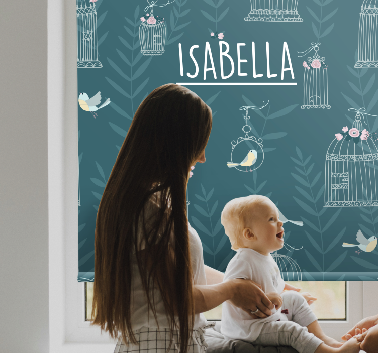 Cortina roller infantil jaulas de pájaros azules con nombre - TenVinilo