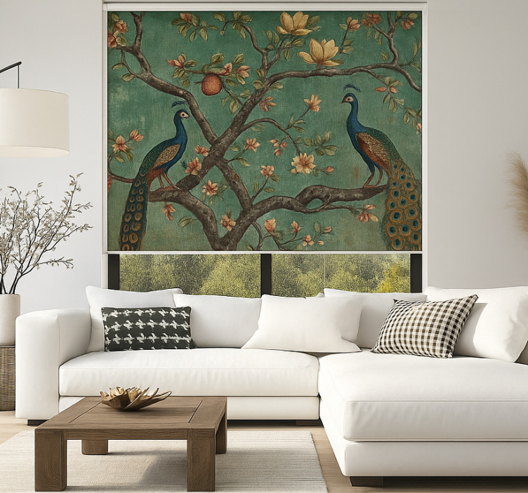 Cortina roller living comedor tapiz de pavo real adornado - TenVinilo