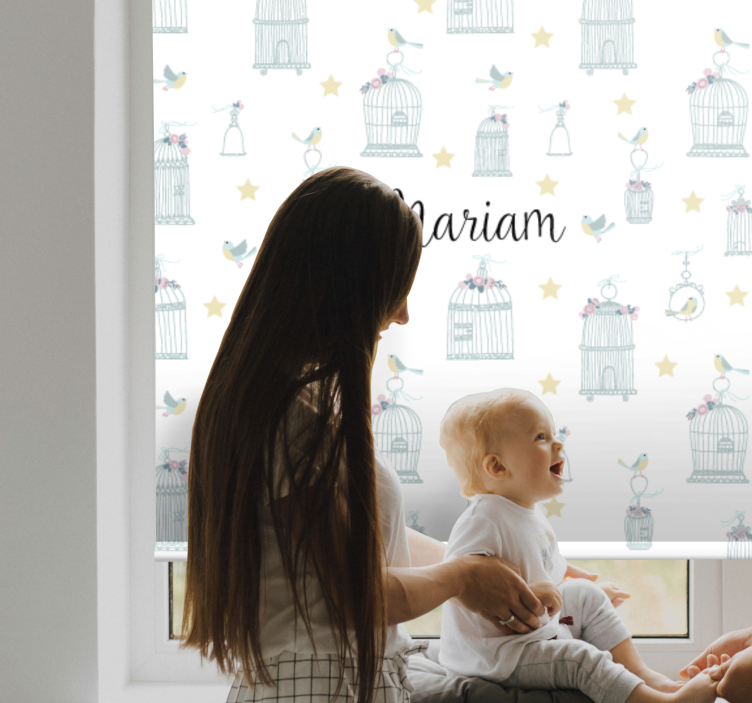 Cortina roller para bebé jaulas de pájaros con nombre - TenVinilo