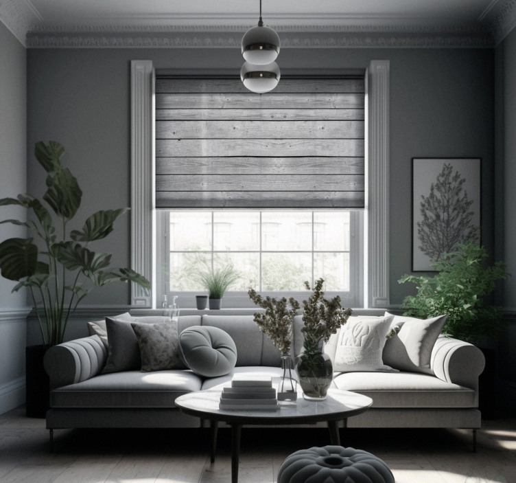 Estor enrollable salón gris estilo rústico madera - TenVinilo