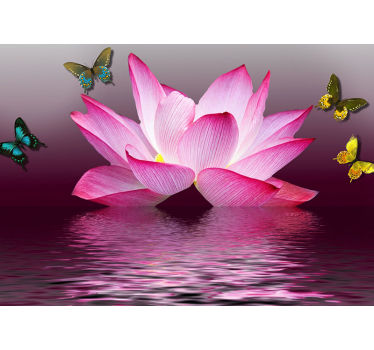 Cortina roller living comedor flor loto rosa con mariposas - TenVinilo