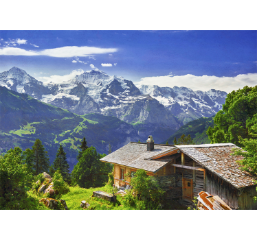Cortina roller living comedor montañas nevadas y campo verde - TenVinilo
