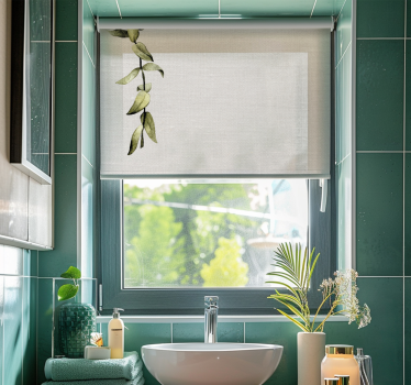 Cortina roller baño imitación de lino blanco y rama de hojas. - TenVinilo