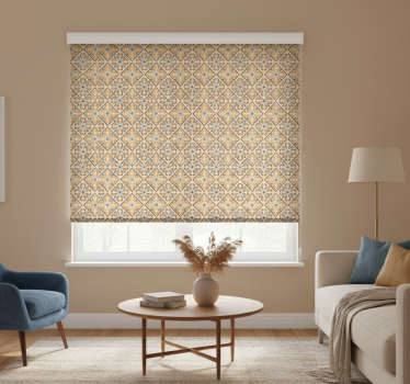 Cortina roller beige con patrón barroco dorado y azul - TenVinilo