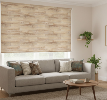 Cortina roller beige suelo de parquet beige - TenVinilo