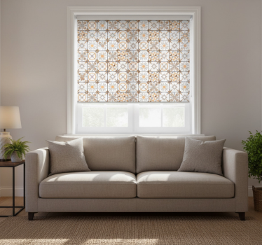 Cortina roller beige con motivo de cuadros marrones - TenVinilo