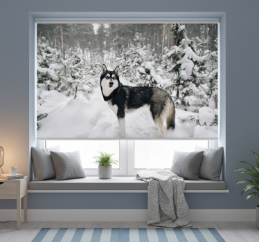 Cortina roller blanca bosque invernal y husky - TenVinilo