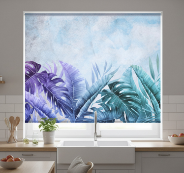 Cortina roller cocina plantas tropicales azules y moradas - TenVinilo