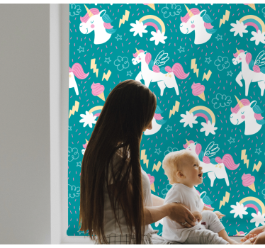 Cortina roller infantil patrón de unicornio azul - TenVinilo