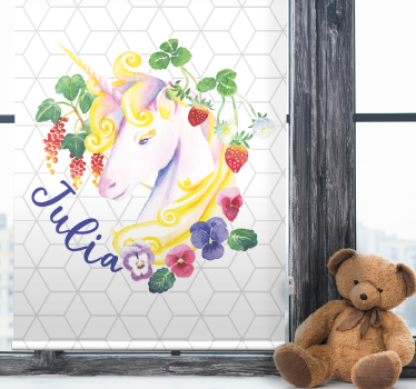Cortina roller infantil unicornio floral con nombre - TenVinilo