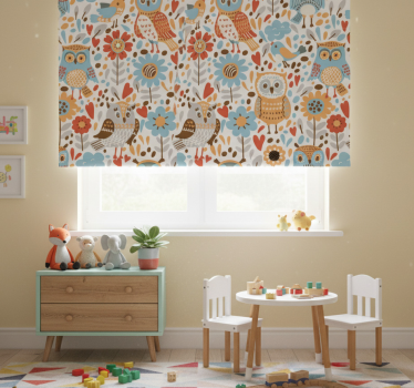 Cortina roller infantil búhos coloridos con flores - TenVinilo