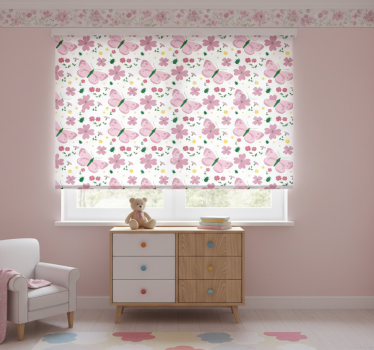Cortina roller infantil patrón de flores y mariposas rosas - TenVinilo