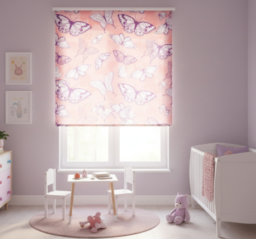 Cortina roller infantil patrón de mariposas moradas y rosas - TenVinilo