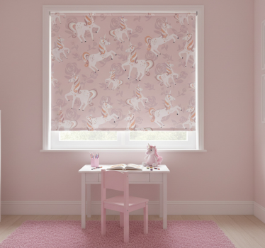 Cortina roller infantil unicornio rosa y alto con flores - TenVinilo