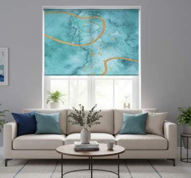 Cortina roller living comedor abstracto aguamarina con oro - TenVinilo