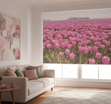 Cortina roller living comedor campo de tulipanes rosas - TenVinilo