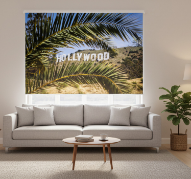 Cortina roller living comedor cartel de hollywood y árbol - TenVinilo