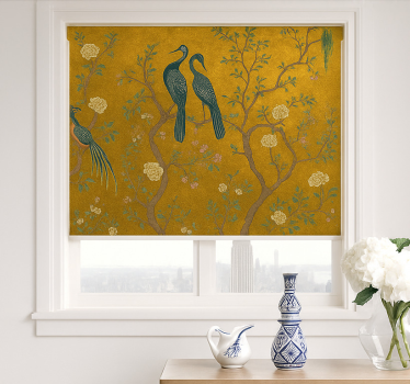 Cortina roller living comedor chinoiserie dorada adornada - TenVinilo