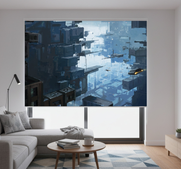 Cortina roller living comedor ciudad futurista con naves - TenVinilo