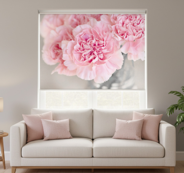 Cortina roller living comedor claveles rosas fondo gris - TenVinilo