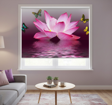 Cortina roller living comedor flor loto rosa con mariposas - TenVinilo