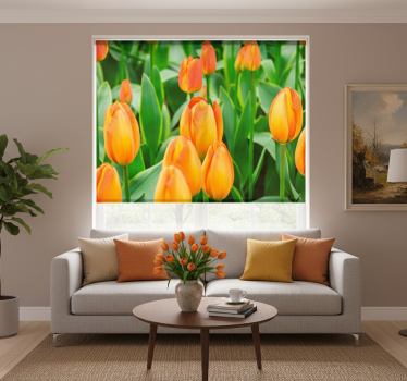 Cortina roller living comedor flores tulipán naranja - TenVinilo