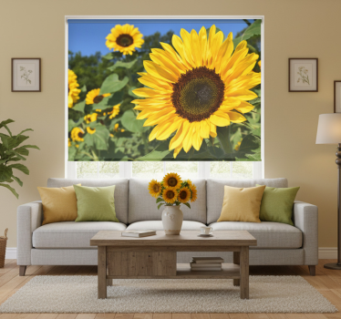 Cortina roller living comedor hermoso girasol en close up - TenVinilo
