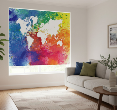 Cortina roller living comedor mapa mundi artístico colorido - TenVinilo