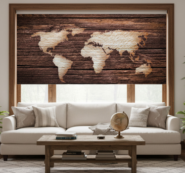 Cortina roller living comedor mapa mundi marrón madera - TenVinilo