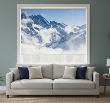 Cortina roller living comedor montaña desde la ventana - TenVinilo