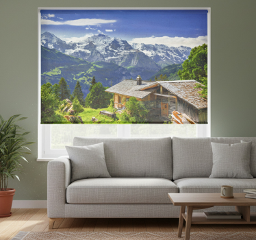 Cortina roller living comedor montañas nevadas y campo verde - TenVinilo