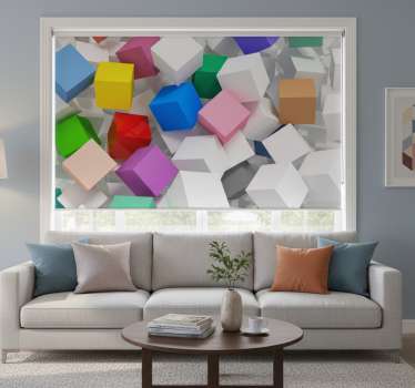 Cortina roller living comedor mural 3d cubos de colores - TenVinilo