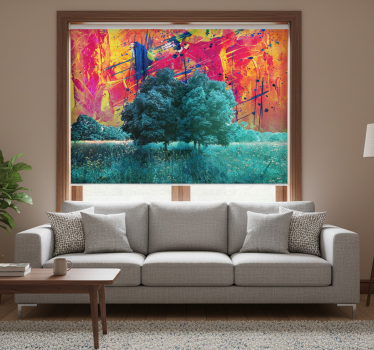 Cortina roller living comedor paisaje colorido con árboles - TenVinilo