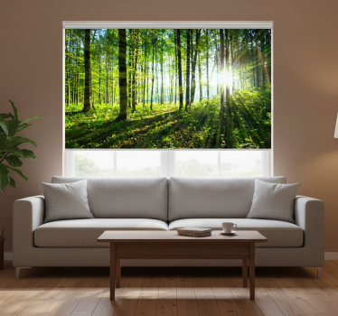 Cortina roller living comedor paisaje forestal con reflejo - TenVinilo