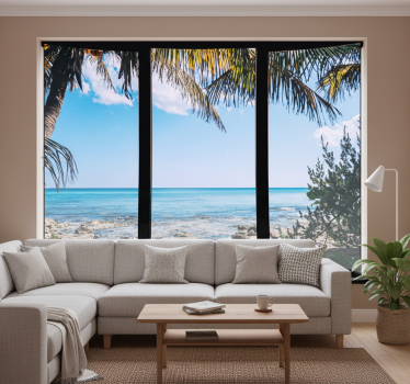 Cortina roller living comedor paisaje mar 3d desde ventana - TenVinilo