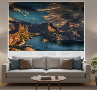 Cortina roller living comedor paisaje noruego mar y montañas - TenVinilo